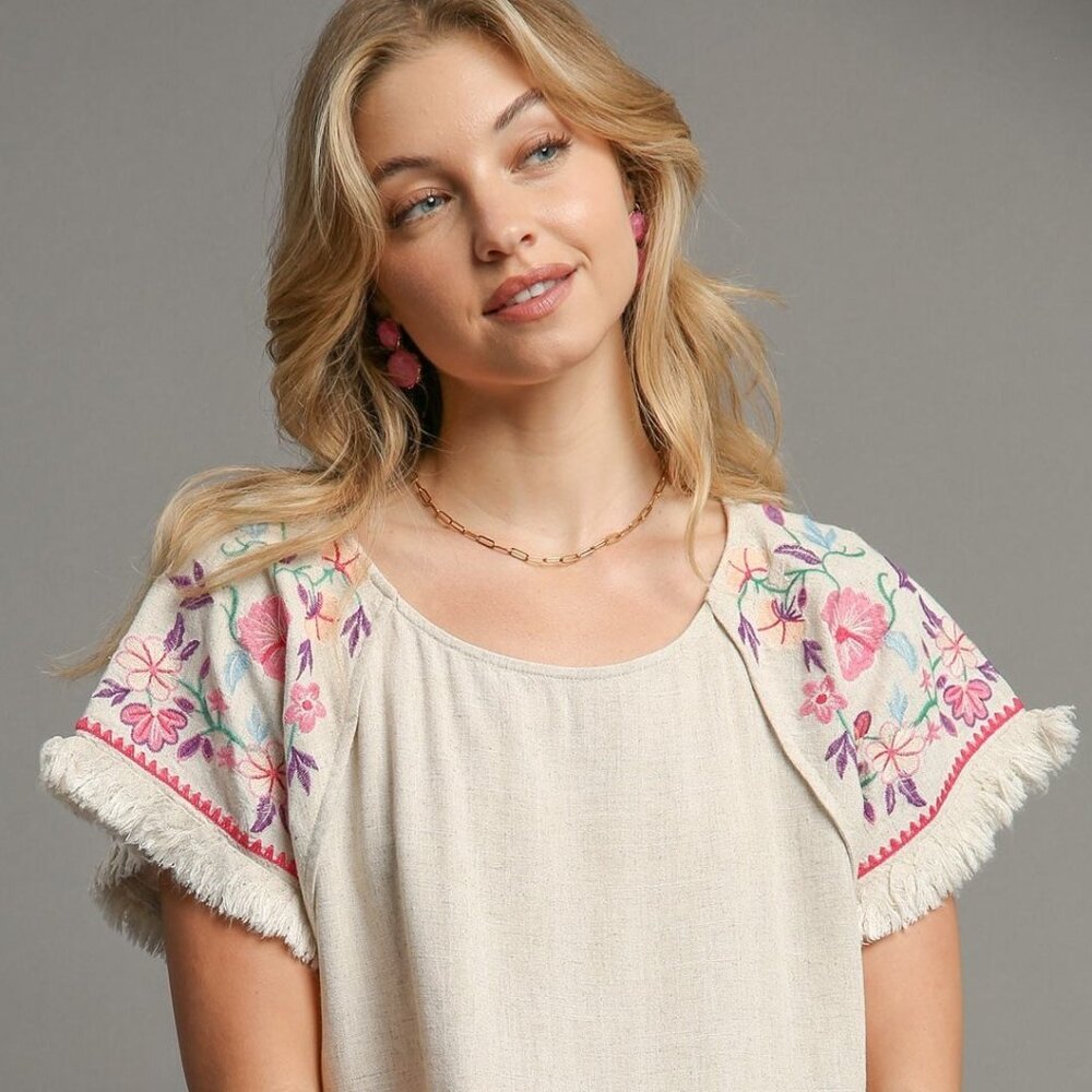 Embroidered Sleeves Linen Cotton Blend Round Neck w/ Frayed High Low Hem - Picture 9 of 15